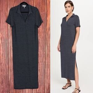 Rag & Bone Knit Stripe Maxi Polo Dress Preppy Navy Blue Size Large